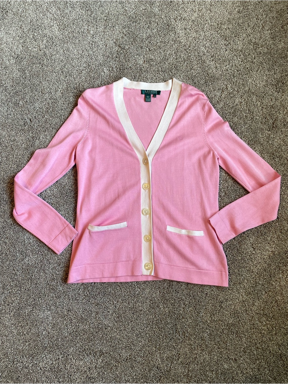 Ralph Lauren Pink Cardigan with White Trim Size Petite Small